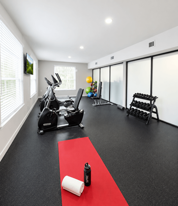 Home gym with elliptical and free weights